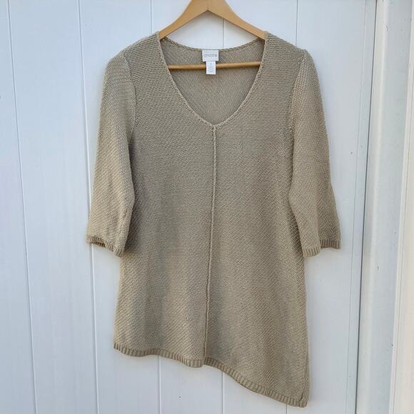 CHICO’S Heidi Knit Sweater Khaki 3/4 Sleeve Asymmetrical Silver Gold Size 1 M 8 - Picture 2 of 7